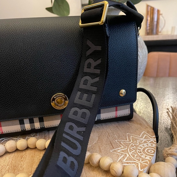 Burberry Archive Black Calf Leather & Check Note Adjustable Crossbody - Picture 7 of 16